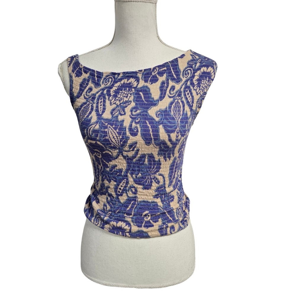 Free People Shea Top Floral Smocked One Shoulder Tank Top Blue Womens Size M